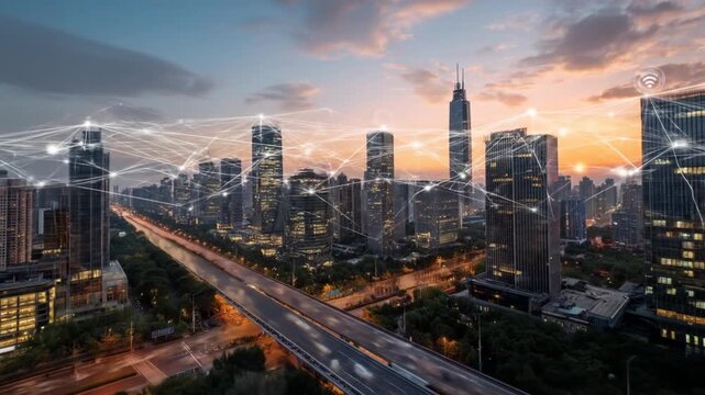 Skyline illuminated by sunset, digitally connected by glowing networks