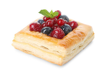 Tasty puff pastry with berries and mint isolated on white