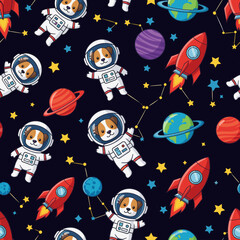 Cute astronaut dogs explore space with rockets planets and stars Fun cosmic adventure design