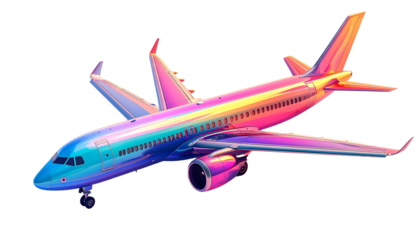 A vibrant, iridescent passenger jet, showcasing a spectrum of pastel rainbow hues across its fuselage and wings, rendered in a digital, glossy style against a black background