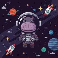 Adorable hippo astronaut in outer space surrounded by planets and rockets Childhood wonder