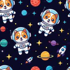 Adorable astronaut dogs planets and rockets in a fun space exploration seamless pattern