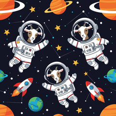 Adorable astronaut goats float in space with planets stars and rockets Kids theme
