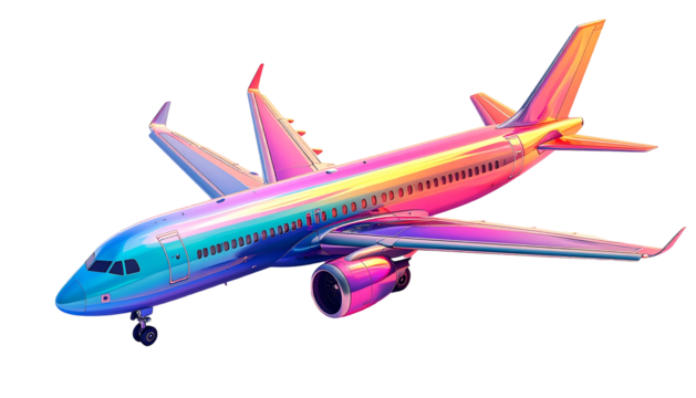A vibrant, iridescent passenger jet, showcasing a spectrum of pastel rainbow hues across its fuselage and wings, rendered in a digital, glossy style against a black background