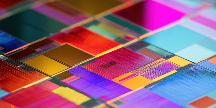 Technological Abstraction: A detailed macro shot showcases the intricate design of a computer chip, a testament to modern engineering, vibrant colors dance across its surface.