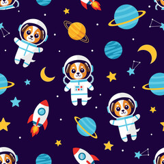 Whimsical seamless space pattern with cute astronaut dogs planets rockets and stars