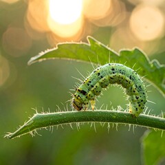 Close-up of a green caterpillar on a plant stem