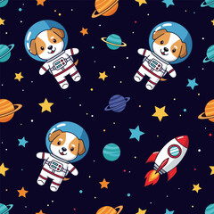 Cute cartoon astronaut dogs planets stars and rocket in a whimsical space seamless pattern