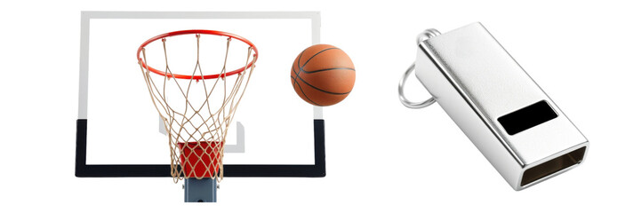 Fototapeta premium Dynamic basketball hoop with ball and referee whistle isolated, a perfect sporting illustration on transparent background