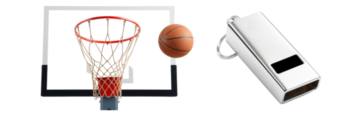 Dynamic basketball hoop with ball and referee whistle isolated, a perfect sporting illustration on transparent background