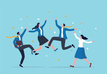 Happy office workers, joyful staff or employee success, team or colleague celebrate work achievement together, diverse, excited people concept, business people office worker jump to celebrate success