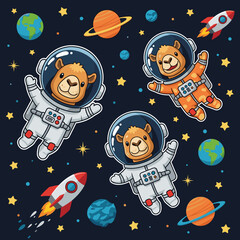 Cute astronaut bears float among planets stars and rockets inspiring imagination and exploration