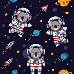 Cute koala astronauts exploring space with rockets and planets Fun childrens adventure concept