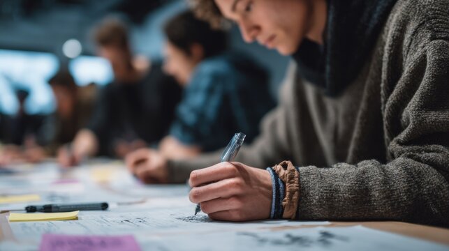 A young Caucasian man with curly hair writes on a large sheet of paper. He is wearing a cozy sweater. Other people are blurred in the background, engaged in similar activities.