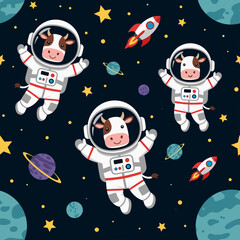 Smiling cow astronauts in space with planets and rockets a playful cosmic adventure