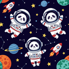 Cute astronaut pandas float among stars planets and rockets in a whimsical space adventure