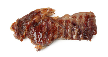 Piece of delicious grilled beef meat isolated on white, top view