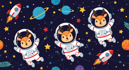 Adorable deer astronauts exploring vibrant outer space with rockets planets and stars Kids adventure
