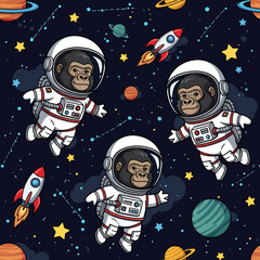 Cartoon gorillas in astronaut suits floating among planets stars and rockets in space