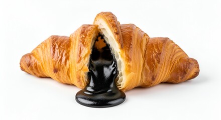 Golden-baked croissant, perfectly split to reveal a luscious, dark chocolate filling delightfully oozing onto a pristine white background, offering an irresistible and satisfying gourmet treat