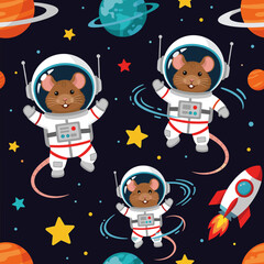 Cute cartoon mice astronauts float in space with planets and a rocket Fun cosmic adventure
