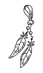 Hair ornament with feathers, Native Americans in style doodle. Leather strap with weaves of threads, beads, feathers. Hair elastic. Handmade product. Engraving, graphics, shading. American Indians