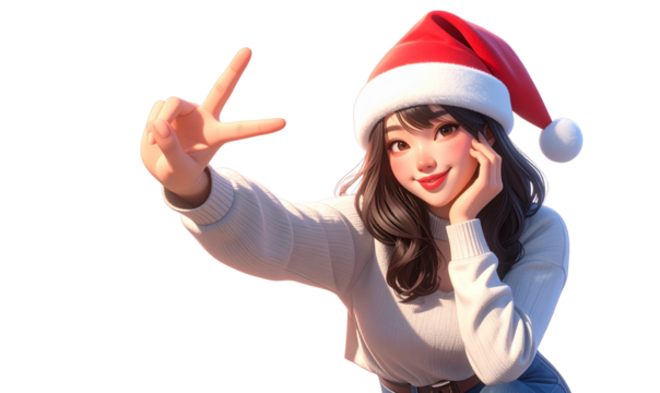 Playful Woman in Santa Hat Making Peace Sign Gesture, Transparent PNG - Powered by Adobe