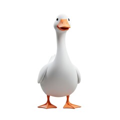 White cartoon goose standing and smiling, 3D character rendering style, white and orange colors, cute bird mascot concept