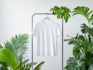 white T-shirt hanging on a metal rack with a clean white studio background, perfect for a product photoshoot, modern room with plants background