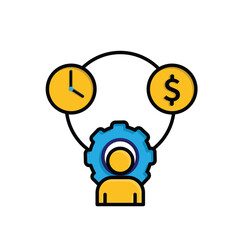 Resource icons. Management. Silhouette of a person with gears, clock. manager, success. Isometric design style.