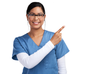 Portrait, smile and woman doctor pointing, isolated on transparent png background and glasses in health promo. Advice, happy female medical expert or nurse showing healthcare tips or announcement.