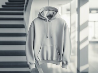 white hoodie in heather gray draped elegantly in a modern loft with soft natural lighting