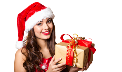PNG Elegant Woman in Santa Hat Holding Gift Box, Holiday Portrait