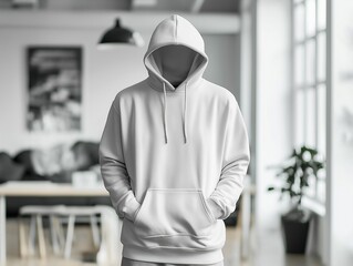 white hoodie in heather gray draped elegantly in a modern loft with soft natural lighting