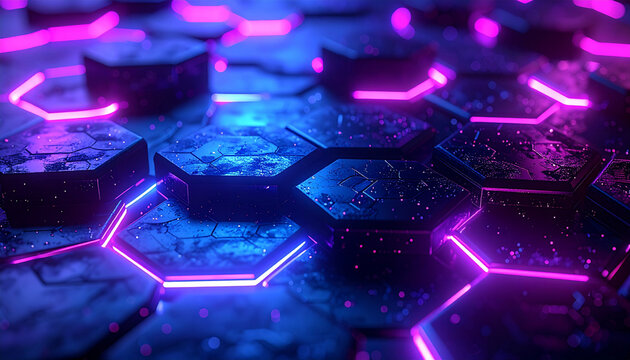 Abstract futuristic background with a glowing purple and blue neon hexagonal grid on a dark textured surface