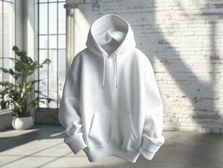 white hoodie in heather gray draped elegantly in a modern loft with soft natural lighting