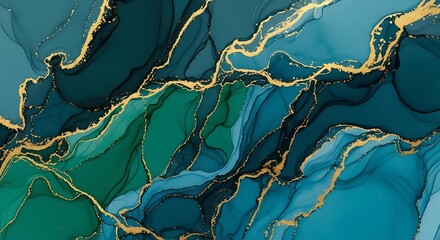 Elegant abstract background of green and blue liquid ink with golden marble veins.