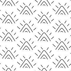 pattern, linear ornament of first American settlers, Indians. Repeating seamless texture of smooth triangles with rays, as sun rises from behind the mountains. Relief texture. American Indian symbols