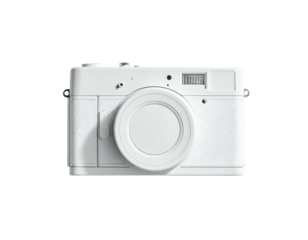 Sleek, minimalist white compact camera with a large lens, subtle texture, and clean lines;  top-mounted controls