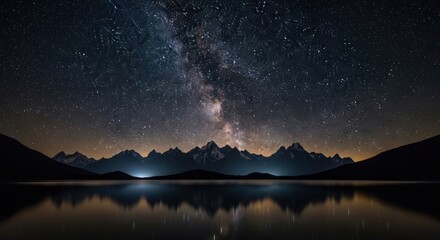 Fototapeta premium Milky Way Galaxy over Mountain Range Reflected in Lake at Night.