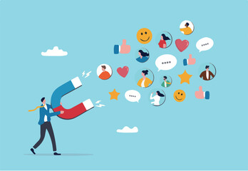 Brand engagement or customer engagement, social positive feedback after using product and share loyalty and trust concept, businessman magnet draw customers with brand engagement impression symbol