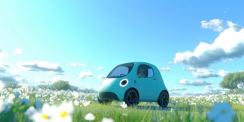 Creative abstract spring automotive background with autonomous driving car surrounded by blooming flowers and birds in sunny outdoor landscape for futuristic commercial advertising design.