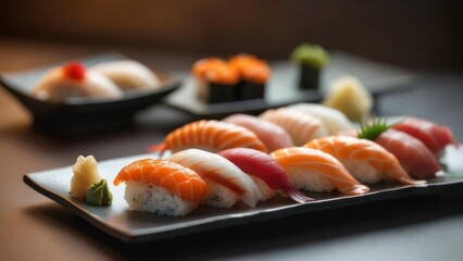 Savor exquisite sushi platters featuring vibrant salmon, tuna, and delicate white fish, artfully presented with ginger and wasabi for a gourmet dining experience.