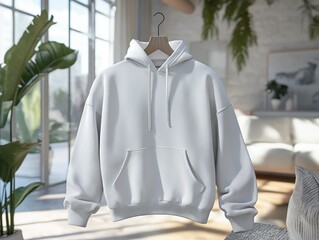 white hoodie in heather gray draped elegantly in a modern loft with soft natural lighting