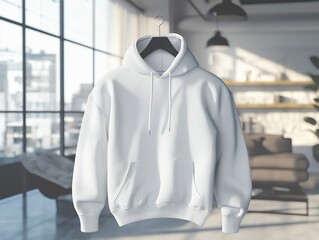 white hoodie in heather gray draped elegantly in a modern loft with soft natural lighting
