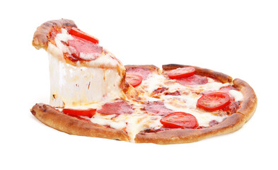 Taking piece of delicious pizza with cheese, salami and tomatoes on white background