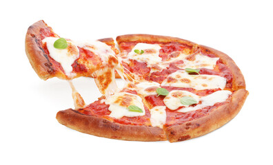 Taking piece of delicious pizza with cheese and basil on white background