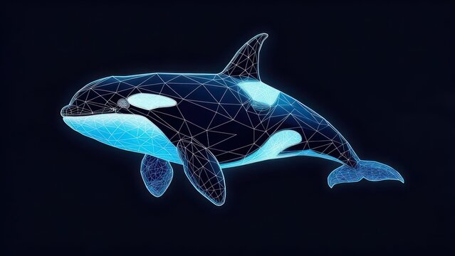Stunning digital orca whale wireframe glowing with vibrant blue light against a dark background, perfect for tech or marine themes