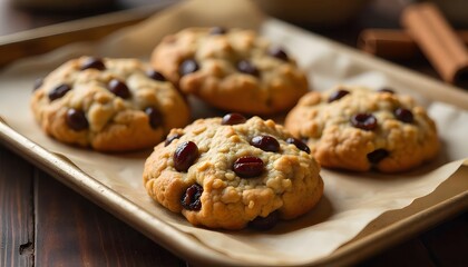 Freshly baked chocolate chip cookies on a baking sheet, with gooey chocolate drops and a sprinkle of sugar, a perfect homemade treat.
