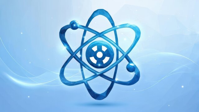 Dynamic blue atom model orbits with glowing nucleus symbolizing scientific discovery and innovation in modern technology